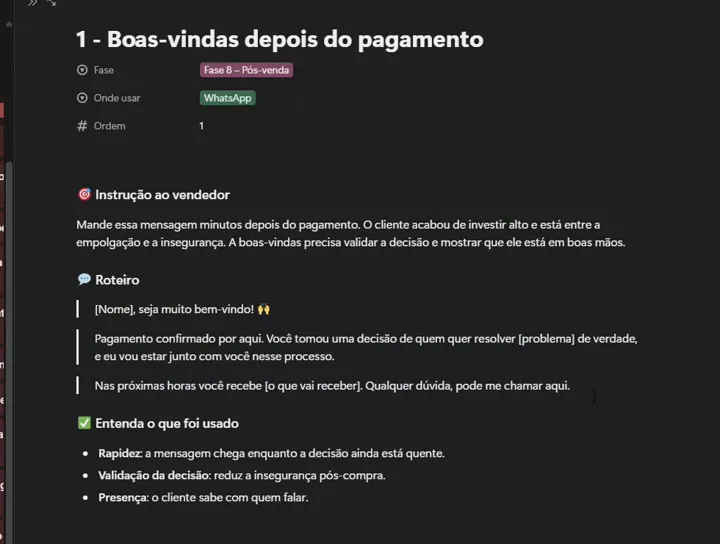 Print do Notion: Roteiro: boas-vindas pós-venda