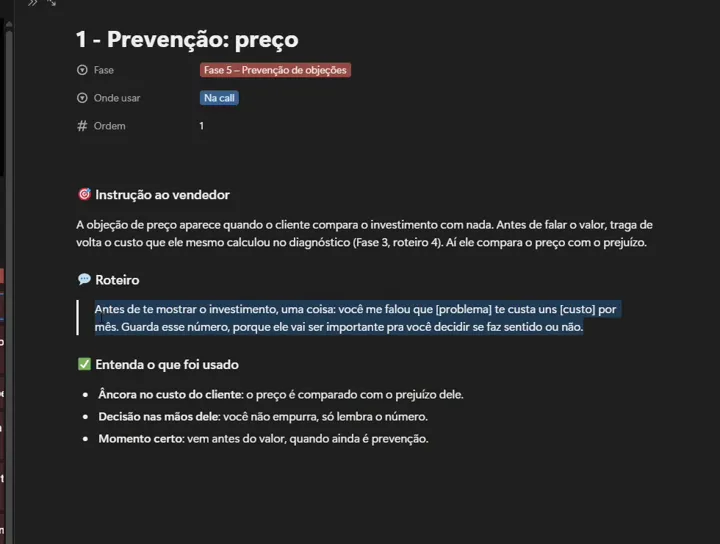 Print do Notion: Roteiro: prevenção de preço