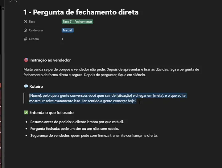 Print do Notion: Roteiro: pergunta de fechamento