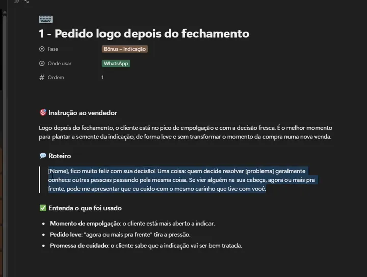 Print do Notion: Roteiro: pedido de indicação